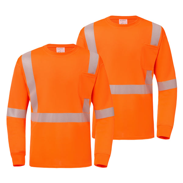 ProtectX Orange 2-pack High Vis Safety Shirts for Men, Long Sleeve Reflective Shirts, Class 3 Construction Shirts for Men Women