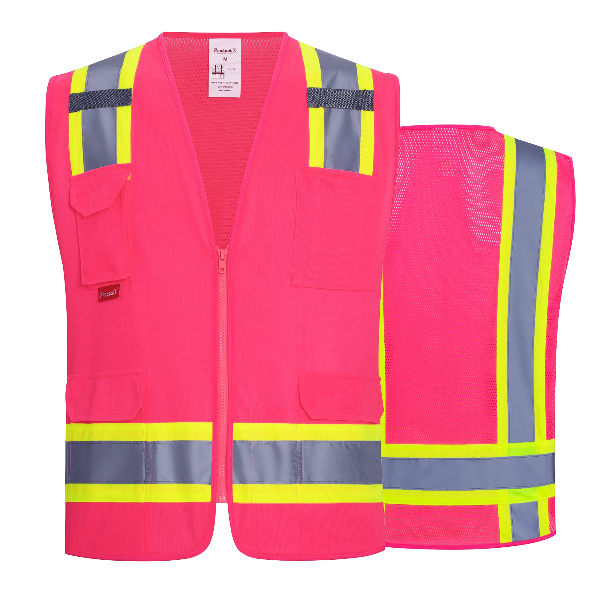 ProtectX Pink High Visibility Reflective Safety Vest for Men Women Hi Vis Work Construction Vest with Pockets Class Zipper Front Pockets