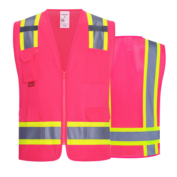 ProtectX Pink High Visibility Reflective Safety Vest for Men Women Hi Vis Work Construction Vest with Pockets Class 2 Zipper Front  7 Pockets