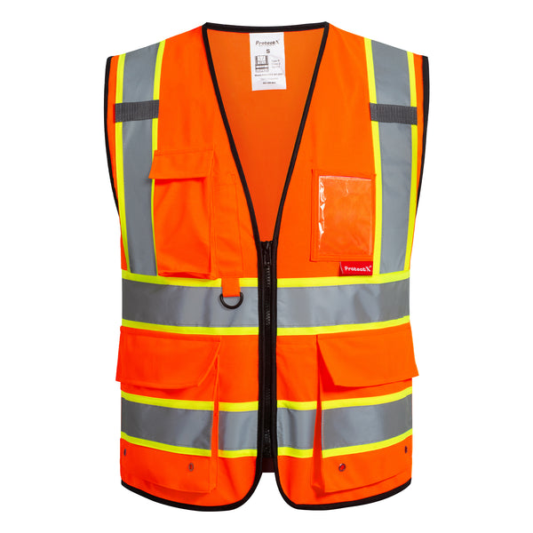 ProtectX 9 Pockets Orange Safety Vest for Men Women High Visibility Reflective Vest for Construction Work Class 2