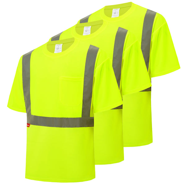 ProtectX Neon Green High Visibility Short Sleeve Safety Shirts, Reflective Quick Dry Construction Work Shirts, Class 2 Type R