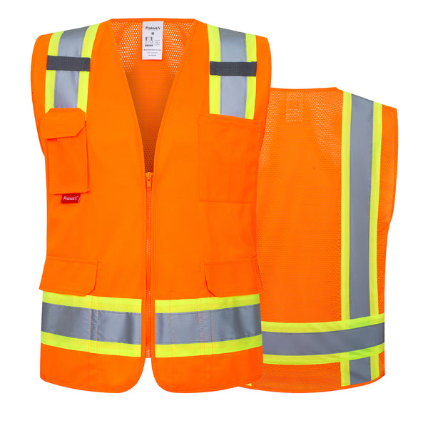 ProtectX Orange High Visibility Reflective Safety Vest for Men Women Hi Vis Work Construction Vest with Pockets Class 2 Zipper Front Meets ANSI Standards 7 Pockets