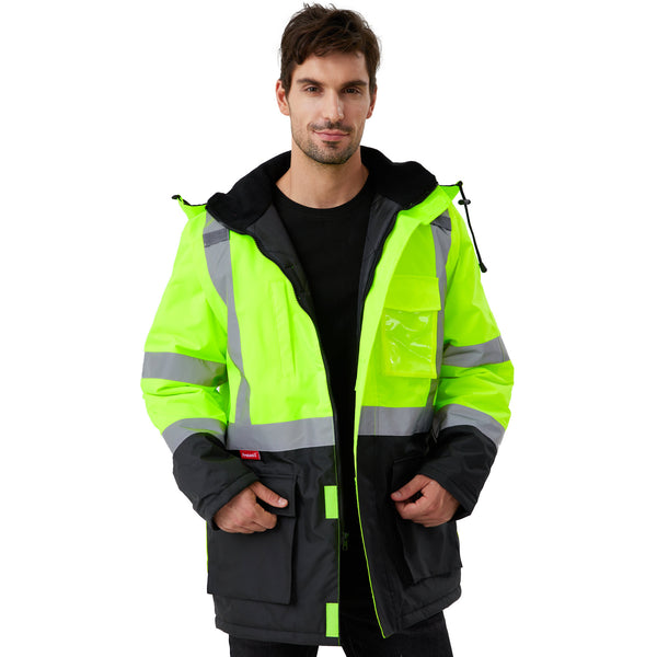 ProtectX Neon Green High Visibility Winter Safety Jacket for Men, Reflective Insulated Work Long Coat