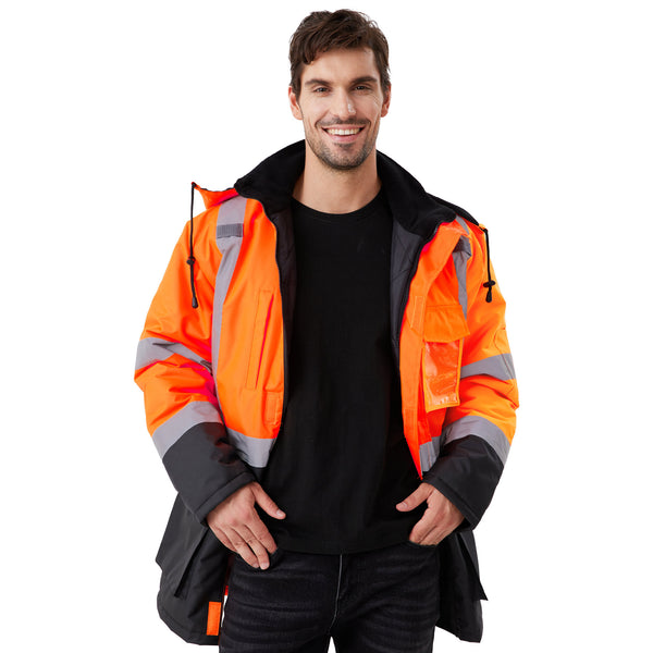 ProtectX Neon Orange High Visibility Winter Safety Jacket for Men, Reflective Insulated Work Long Coat