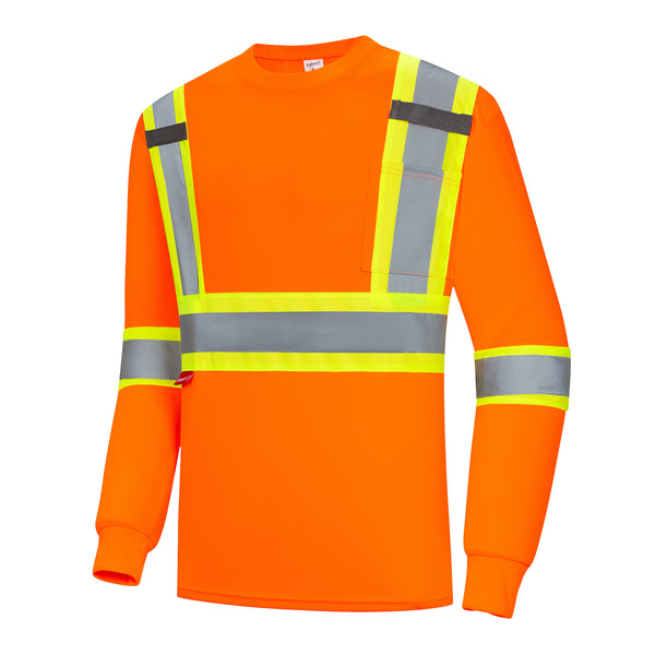 ProtectX Orange High Visibility Safety Shirt, Quick Dry Breathable Reflective Construction Work Long Sleeve Shirts, Class 2 Type R