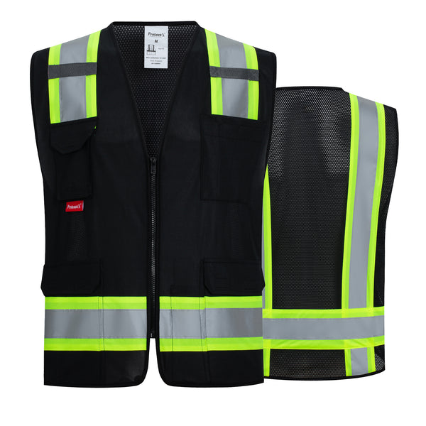 ProtectX Black High Visibility Reflective Safety Vest for Men Women Hi Vis Work Construction Vest with Pockets Class 2 Zipper Front  7 Pockets