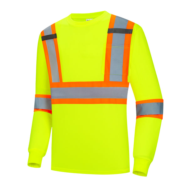 ProtectX Neon Green High Visibility Safety Shirt, Quick Dry Breathable Reflective Construction Work Long Sleeve Shirts, Class 2 Type R