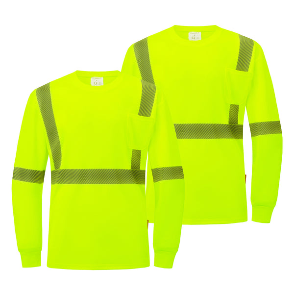 ProtectX Neon Green 2-pack High Vis Safety Shirts for Men, Long Sleeve Reflective Shirts, Class 3 Construction Shirts for Men Women