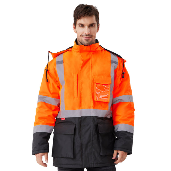ProtectX Neon Orange High Visibility Winter Safety Jacket for Men, Reflective Insulated Work Long Coat