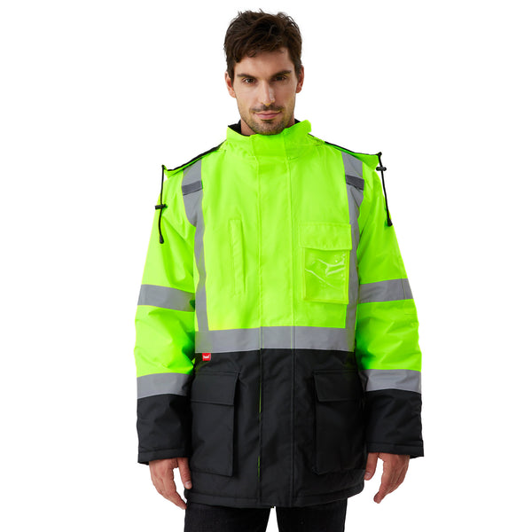 ProtectX Neon Green High Visibility Winter Safety Jacket for Men, Reflective Insulated Work Long Coat