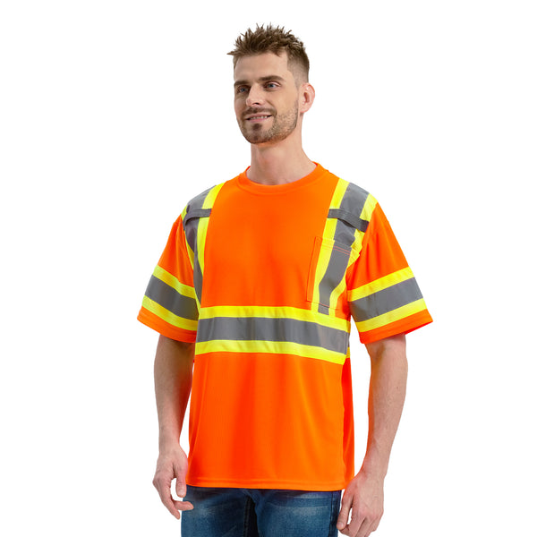 ProtectX Orange Hi Vis Short Sleeve Safety Shirts, Reflective Breathable Construction Apparel, Men Women Work Shirt, Class 2