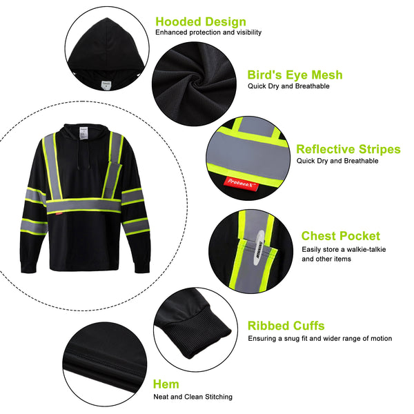 ProtectX 3 Pack Men's Hooded Black High Visibility Heavy Duty Long Sleeve Reflective Safety Shirts for Construction
