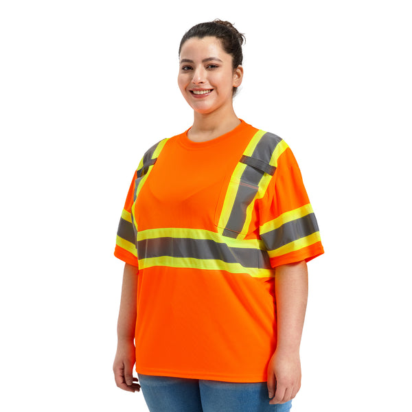 ProtectX Orange Hi Vis Short Sleeve Safety Shirts, Reflective Breathable Construction Apparel, Men Women Work Shirt, Class 2