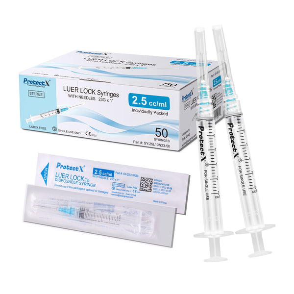 ProtectX Disposable Syringe 2.5ml Luer Lock Syringe Sterile with 23Ga 1” Needle Individually Sealed 50-Pack