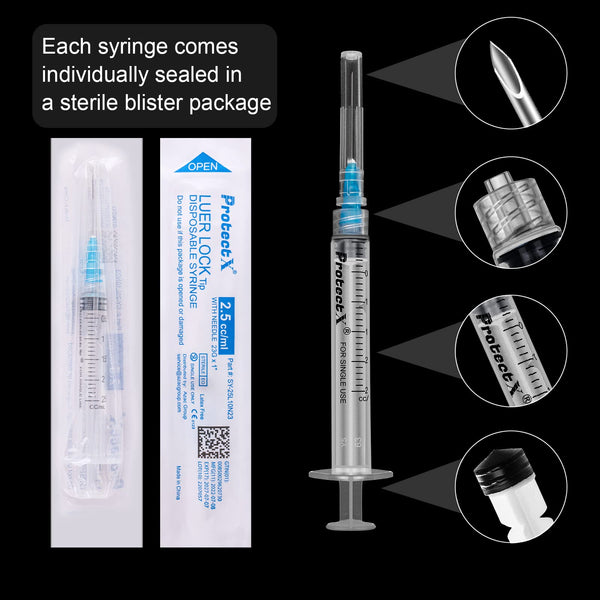 ProtectX Disposable Syringe 2.5ml Luer Lock Syringe Sterile with 23Ga 1” Needle Individually Sealed 50-Pack