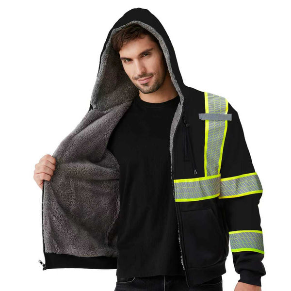 ProtectX Hi Vis Black Safety Hoodie for Men Women Fleece Lined High Visibility Sweatshirt Reflective Jacket