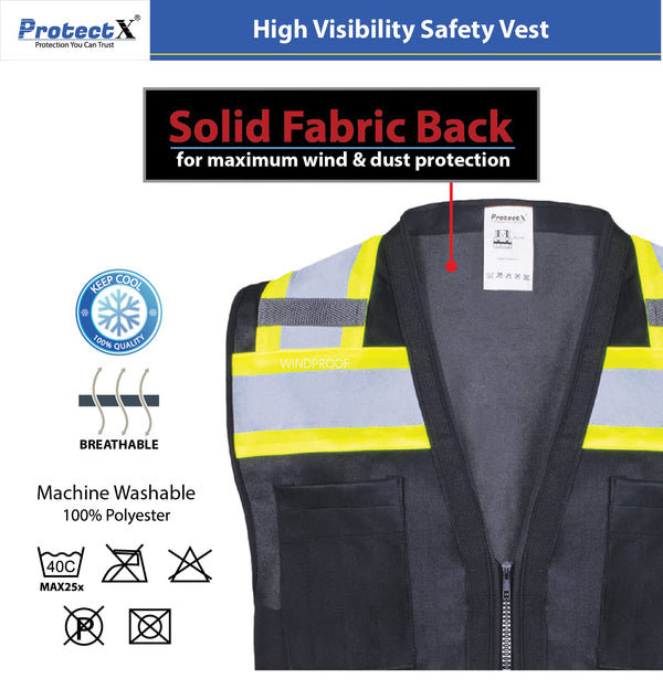 ProtectX Safety Vest Black Hi-Visibility Vest All Solid Fabric with 6 Pockets