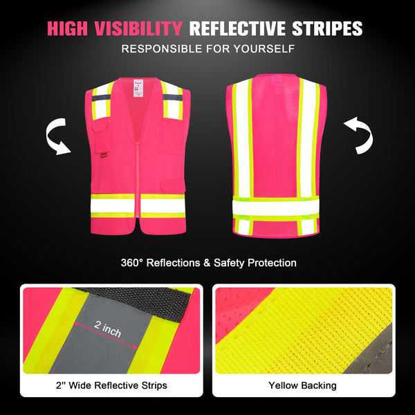 ProtectX Pink High Visibility Reflective Safety Vest for Men Women Hi Vis Work Construction Vest with Pockets Class 2 Zipper Front  7 Pockets
