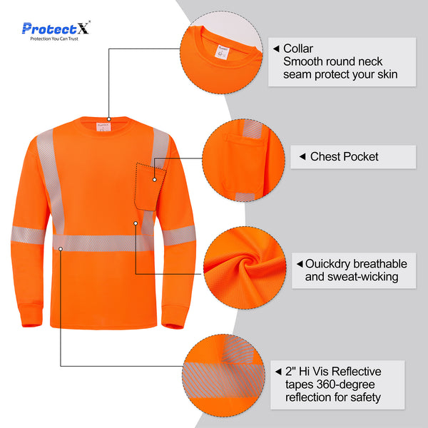 ProtectX Orange 2-pack High Vis Safety Shirts for Men, Long Sleeve Reflective Shirts, Class 3 Construction Shirts for Men Women