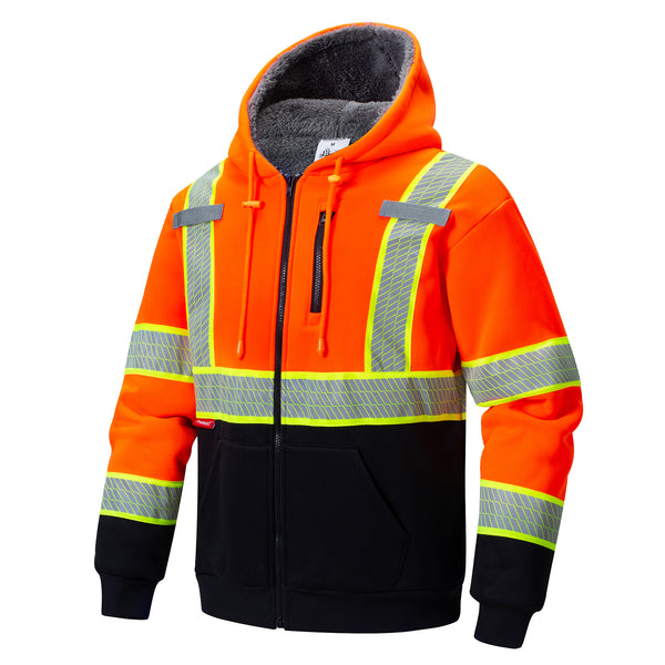 ProtectX Hi Vis Neon Orange Safety Hoodie for Men Women Fleece Lined Class 3 High Visibility Sweatshirt Reflective Jacket