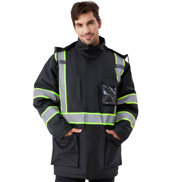 ProtectX Black High Visibility Winter Safety Jacket for Men, Reflective Insulated Work Long Coat