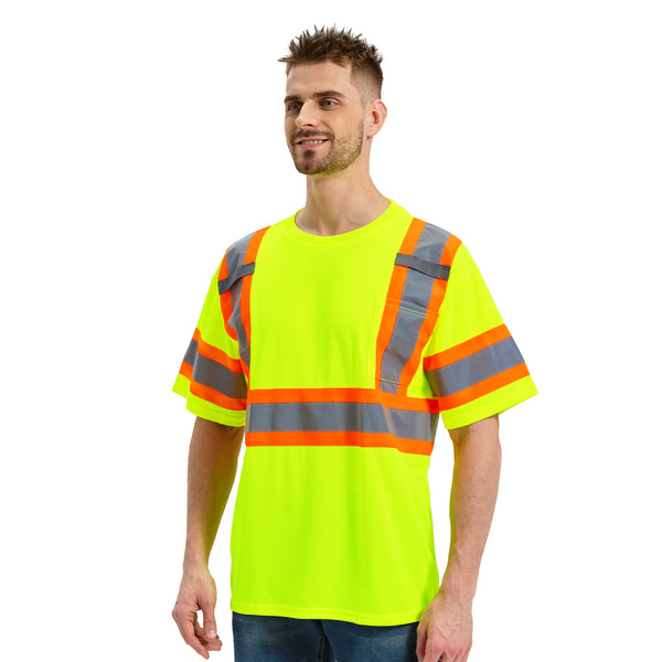 ProtectX Neon Green Hi Vis Short Sleeve Safety Shirts, Reflective Breathable Construction Apparel, Men Women Work Shirt, Class 2
