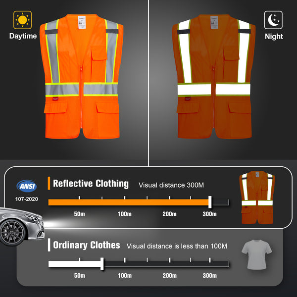 ProtectX Neon Orange Safety Vest for Men Women ANSI Class 2 High Visibility Mesh Reflective Construction Vest with 4 Pockets