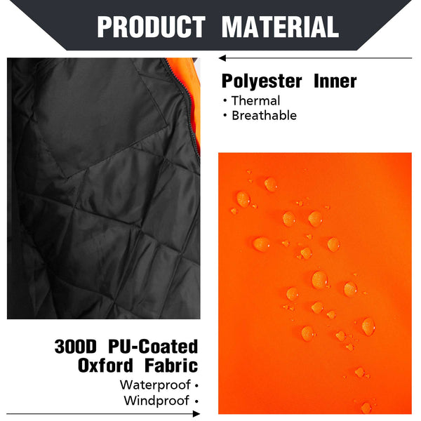 ProtectX Neon Orange High Visibility Winter Safety Jacket for Men, Reflective Insulated Work Long Coat