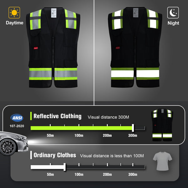ProtectX Black High Visibility Reflective Safety Vest for Men Women Hi Vis Work Construction Vest with Pockets Class 2 Zipper Front  7 Pockets