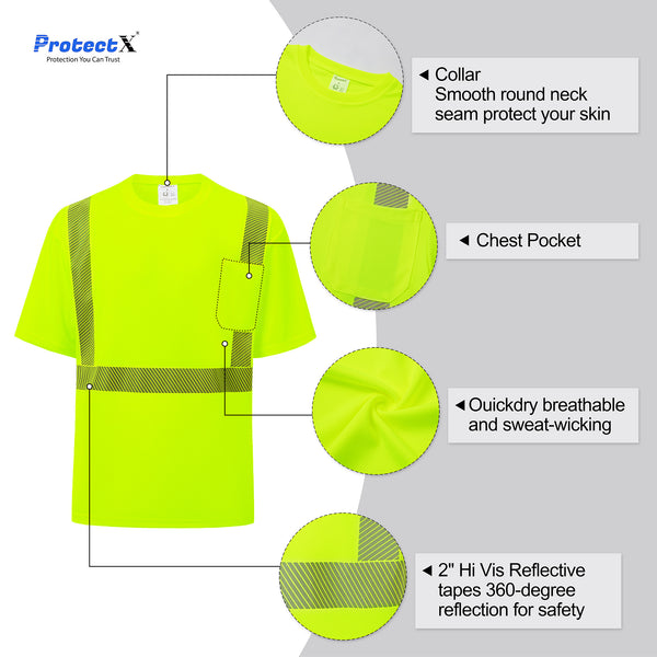 ProtectX Neon Green 2-Pack High Vis Safety Shirts for Men, Short Sleeve Reflective Shirts, Class 2 Construction Shirts for Men