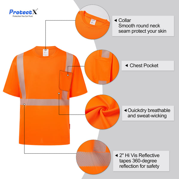 ProtectX Orange 2-Pack High Vis Safety Shirts for Men, Short Sleeve Reflective Shirts, Class 2 Construction Shirts for Men