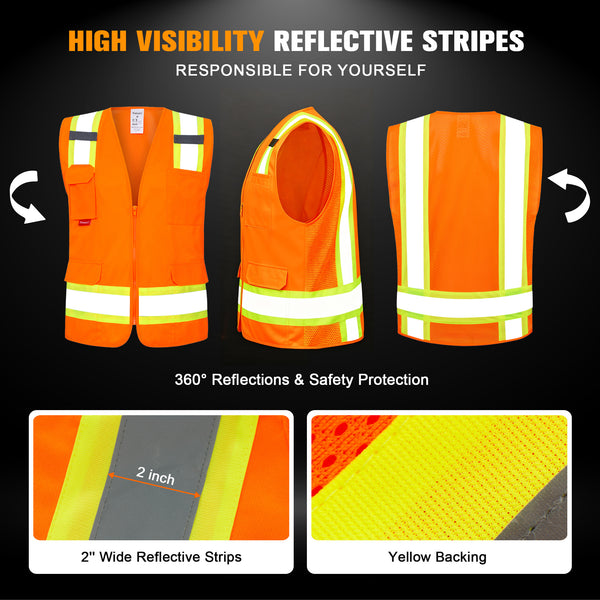 ProtectX Orange High Visibility Reflective Safety Vest for Men Women Hi Vis Work Construction Vest with Pockets Class 2 Zipper Front Meets ANSI Standards 7 Pockets