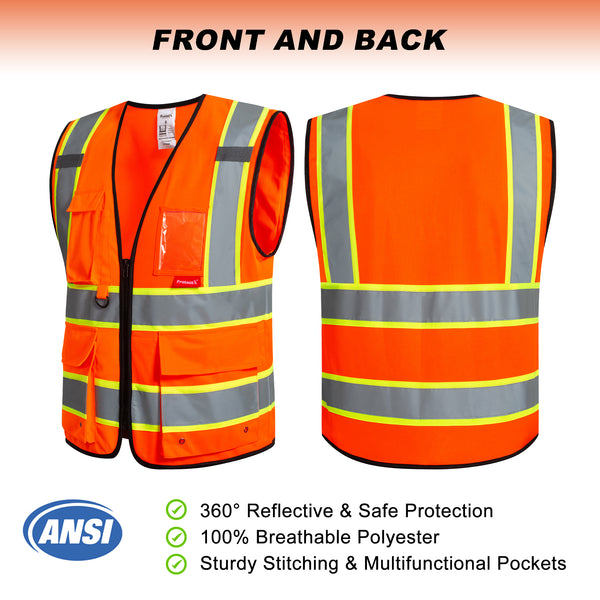 ProtectX 9 Pockets Orange Safety Vest for Men Women High Visibility Reflective Vest for Construction Work Class 2