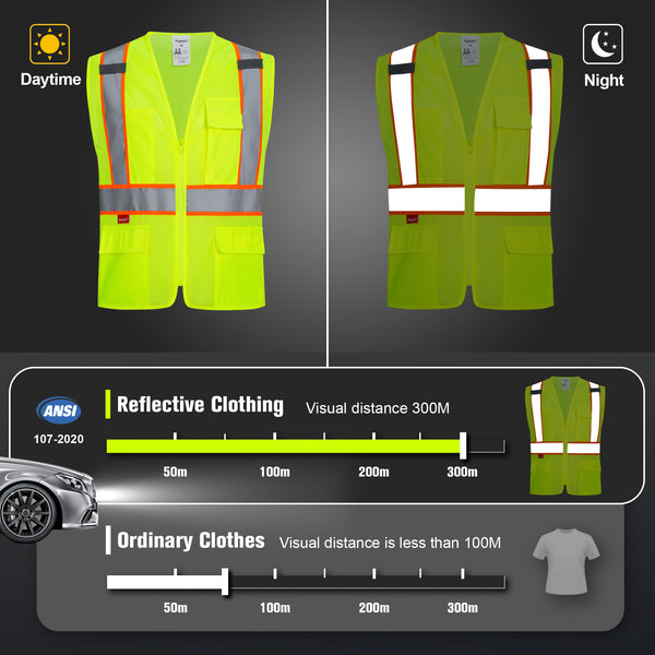 ProtectX Neon Green Safety Vest for Men Women ANSI Class 2 High Visibility Mesh Reflective Construction Vest with 4 Pockets