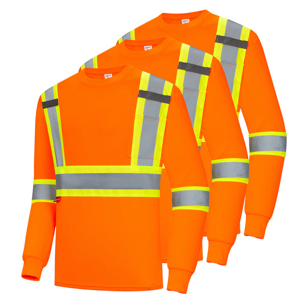 ProtectX Orange High Visibility Safety Shirt, Quick Dry Breathable Reflective Construction Work Long Sleeve Shirts, Class 2 Type R