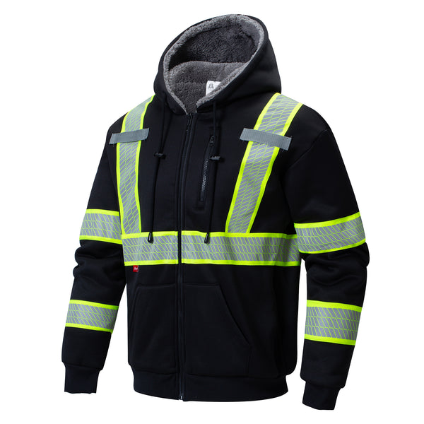 ProtectX Hi Vis Black Safety Hoodie for Men Women Fleece Lined High Visibility Sweatshirt Reflective Jacket