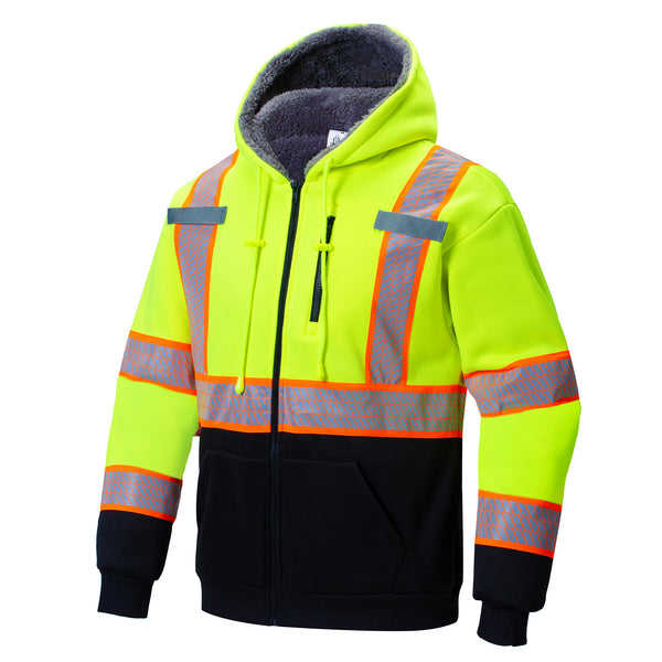 ProtectX Hi Vis Neon Green Safety Hoodie for Men Women Fleece Lined Class 3 High Visibility Sweatshirt Reflective Jacket