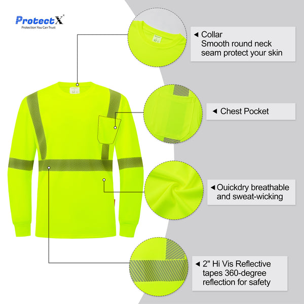 ProtectX Neon Green 2-pack High Vis Safety Shirts for Men, Long Sleeve Reflective Shirts, Class 3 Construction Shirts for Men Women
