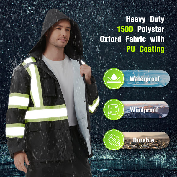 ProtectX High Visibility Rain Suit for Men Waterproof, Hi Vis Reflective Safety Rain Jacket Pant Set Rain Coat - Black