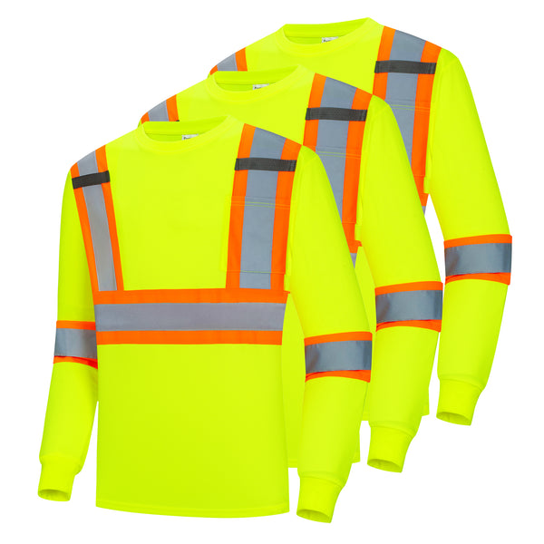 ProtectX Neon Green High Visibility Safety Shirt, Quick Dry Breathable Reflective Construction Work Long Sleeve Shirts, Class 2 Type R