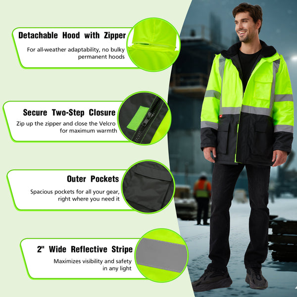 ProtectX Neon Green High Visibility Winter Safety Jacket for Men, Reflective Insulated Work Long Coat