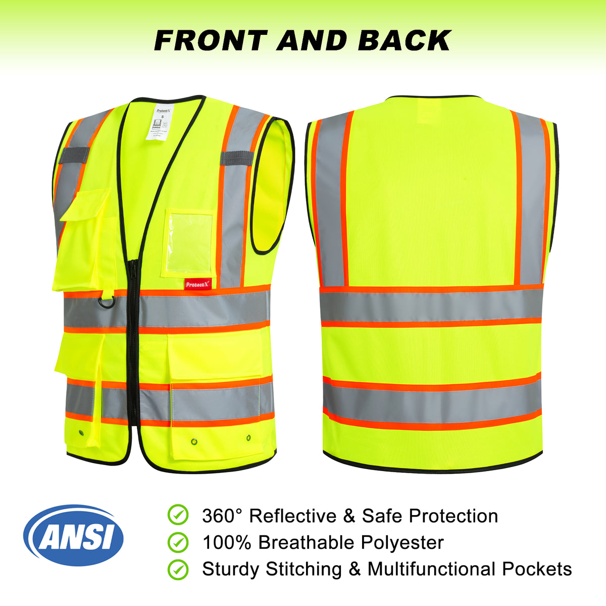 ProtectX 9 Pockets Green Safety Vest for Men Women High Visibility Ref