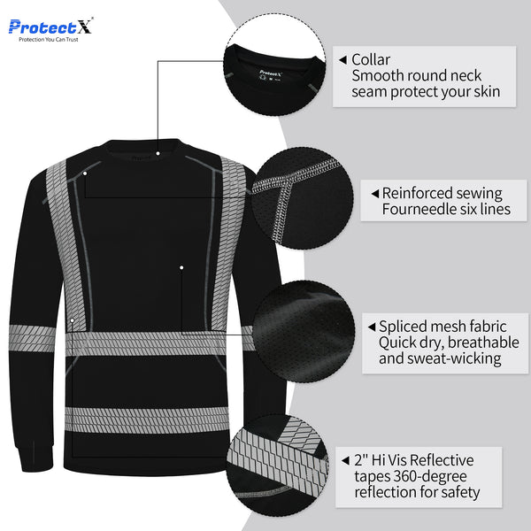 ProtectX Men's High Visibility Black Heavy Duty Long Sleeve Reflective Safety T-Shirts for Construction