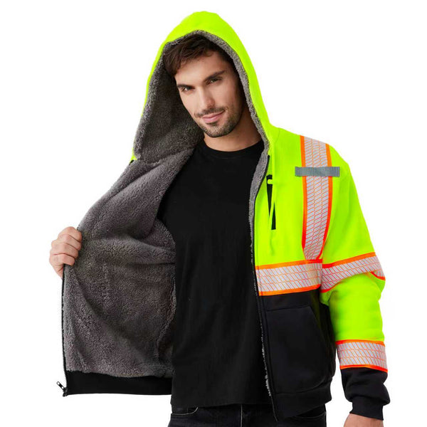 ProtectX Hi Vis Neon Green Safety Hoodie for Men Women Fleece Lined Class 3 High Visibility Sweatshirt Reflective Jacket