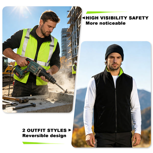 ProtectX Neon Green Hi Vis Reversible Winter Insulated Safety Vest for Men Windproof water-repellent and warm high-visibility safety vest ANSI Class 2 Hi Vis Winter Vest for Men Women