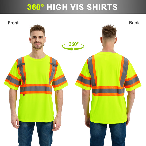 ProtectX Neon Green Hi Vis Short Sleeve Safety Shirts, Reflective Breathable Construction Apparel, Men Women Work Shirt, Class 2
