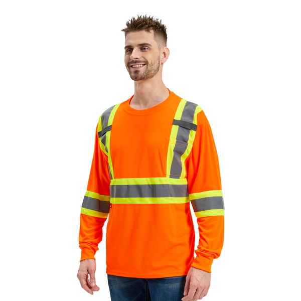 ProtectX Orange High Visibility Safety Shirt, Quick Dry Breathable Reflective Construction Work Long Sleeve Shirts, Class 2 Type R