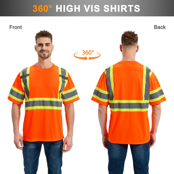 ProtectX Orange Hi Vis Short Sleeve Safety Shirts, Reflective Breathable Construction Apparel, Men Women Work Shirt, Class 2
