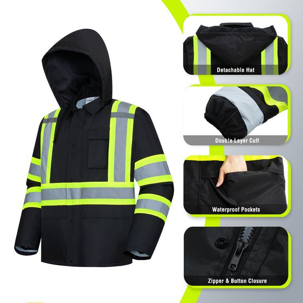 ProtectX High Visibility Rain Suit for Men Waterproof, Hi Vis Reflective Safety Rain Jacket Pant Set Rain Coat - Black