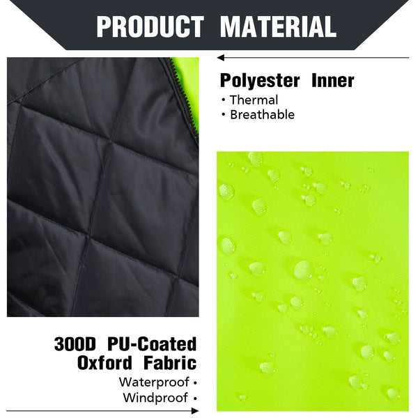 ProtectX Neon Green High Visibility Winter Safety Jacket for Men, Reflective Insulated Work Long Coat